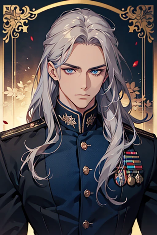 Masterpiece, high quality, Single male, Ethereal, strong, handsome, masculine, portrait, Russian, long wavy grey hair, NO bangs, show forehead, black skin, blue eyes, piercing eyes, colorful, blue colors, black colors, Spetsnaz uniform, military uniform, no accessories, The face is stern, arrogant, assertive, pomegranate in the background, night-time, pomegranate flower frame, Rich in color, close-up shot, bust photo, NO hands. Look at viewer.
