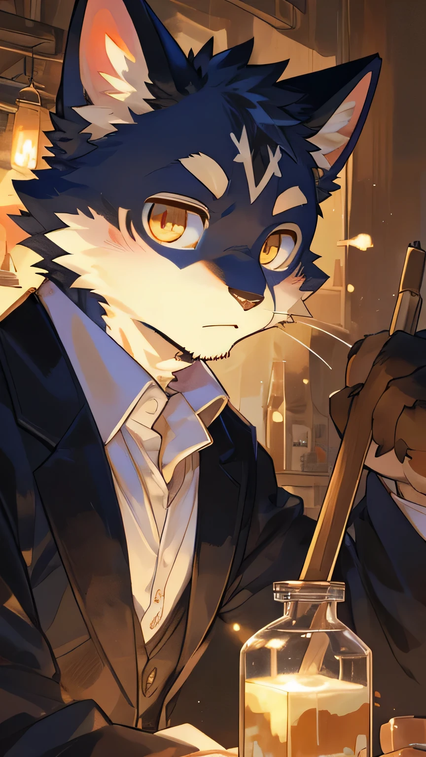 masterpiece，high quality，perfect anatomy，furry，anthro cat，black cat，male， niji5，brown pupils，bright eyes，detailed face，holding the magic potion，by kiyosan，close up face