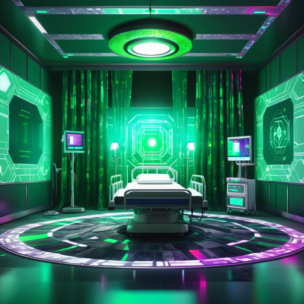 DonMCyb3rSp4c3XL Hospital Patient Room, Floor Lamp,Curtains, Carpet,Basalt stone, Recessed Ceiling Lights, Wall Washers, cyberspace,sci-fi, tech,