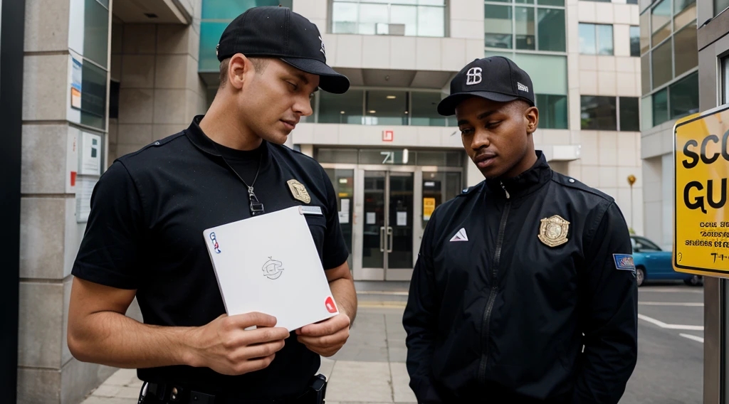 The security guard is asking to exchange the card.