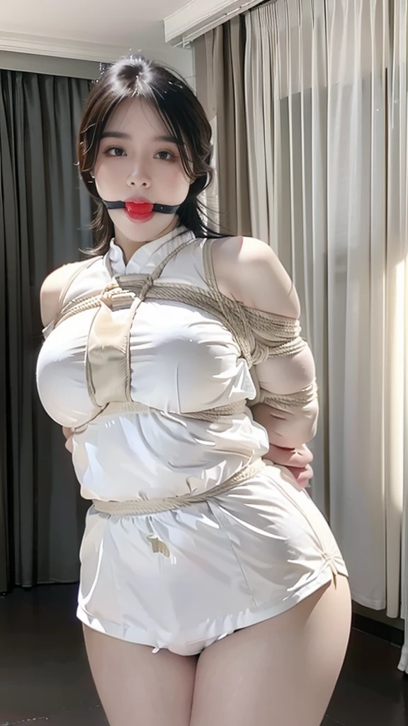 (Photoreal: 1.4), (Hyper-realistic: 1.4), (Realistic: 1.3), (Smooth lighting: 1.05), (Improved cinematic lighting: 0.9), 32K, 1 girl, 20 year old girl, Realistic lighting, Backlight, Face Light, raytrace, (Whitening light: 1.2), (Image enhancement: 1.4), ( Top quality real skins: 1.4), Narrow eyes, Fine face, Narrow eyes, (Body Line Mood Increase: 1.1), Oversized breasts, Big, (Skin Texture Enhancement Beauty: 1.1),Volleyball uniform:1.4, Indoor_Volleyball_court_Background:1.4, thighs thighs thighs thighs, Protruding , Crotchbondage (Shibari,hands tied behind back:1.5), (Shibari:1.21), ballgag