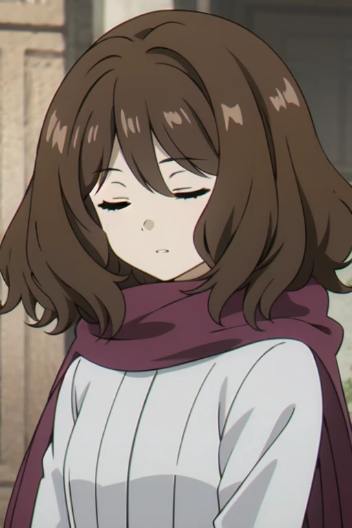 (((Best quality))),((Ultra-detailed)),((illustration)),((Disheveled hair)),((frilld)),(1 girl),(Solo), 1girl , bangs , brown hair , closed eyes , eyebrows visible through hair , half-closed eyes , hood , hood down , no hat , no headwear , open mouth , parted lips , shiny , shiny hair , short hair , solo , upper body ,