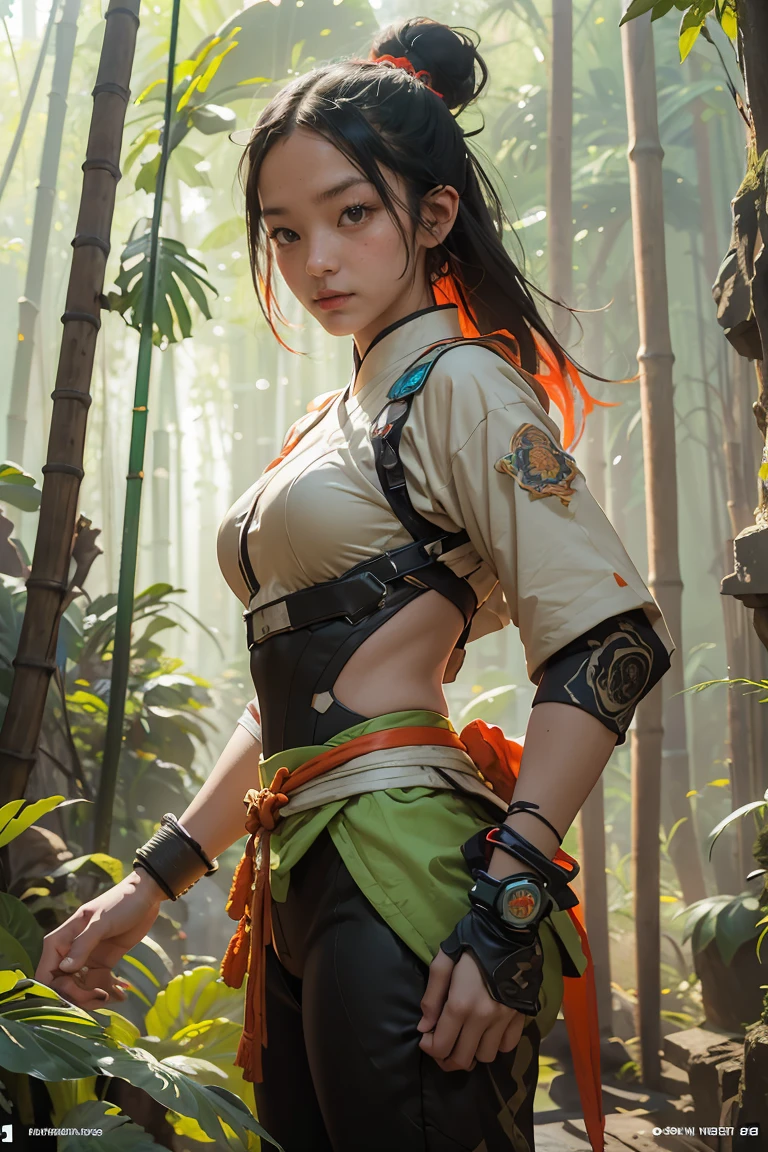 bamboo forest background，A look of determination，colorful vivid octane render, cybernetic and highly detailed, loba andrade from apex legends, created in unreal engine 5, made in unreal engine 5, trending on unreal engine 5, Antique portraits, Martial arts fantasy style 8k octane rendering, rendered in unreal 5, rendered in high octane