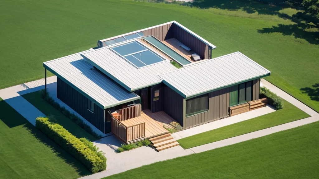 One-story modern long-line house ,It looks like a long horizontal container., It looks like a room.,medium sized back,beautiful,On the dark green grass,Shady atmosphere,,Daytime,Bird's eye view