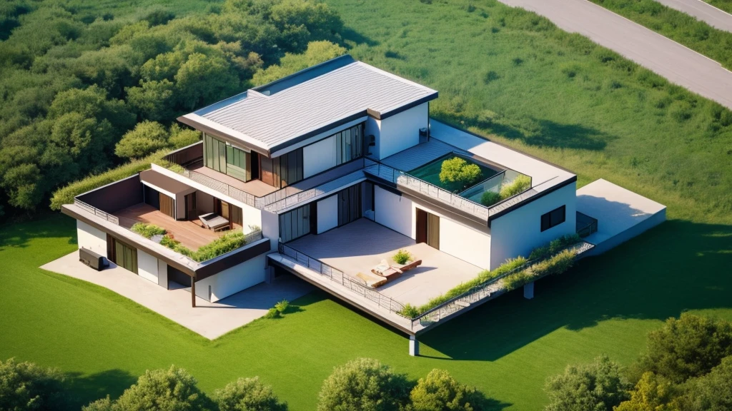 One-story modern long-line house ,It looks like a long horizontal container., It looks like a room.,medium sized back,beautiful,On the dark green grass,Shady atmosphere,,Daytime,Bird's eye view