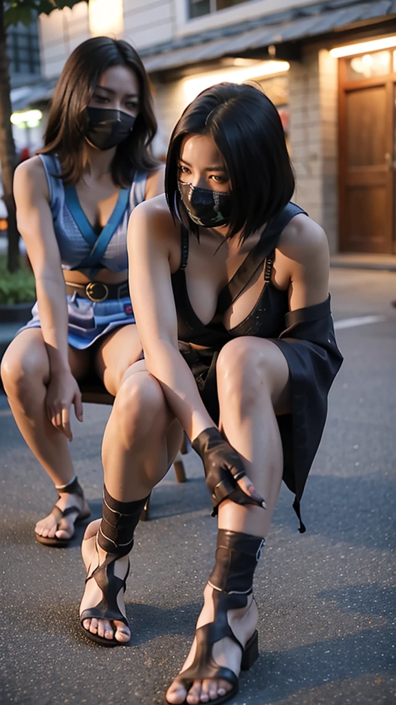 A group of latina Female ninja wearing short kimono in fishnet with sexy bare feet and toes exposed with boob cleavage showing getting ready to fight