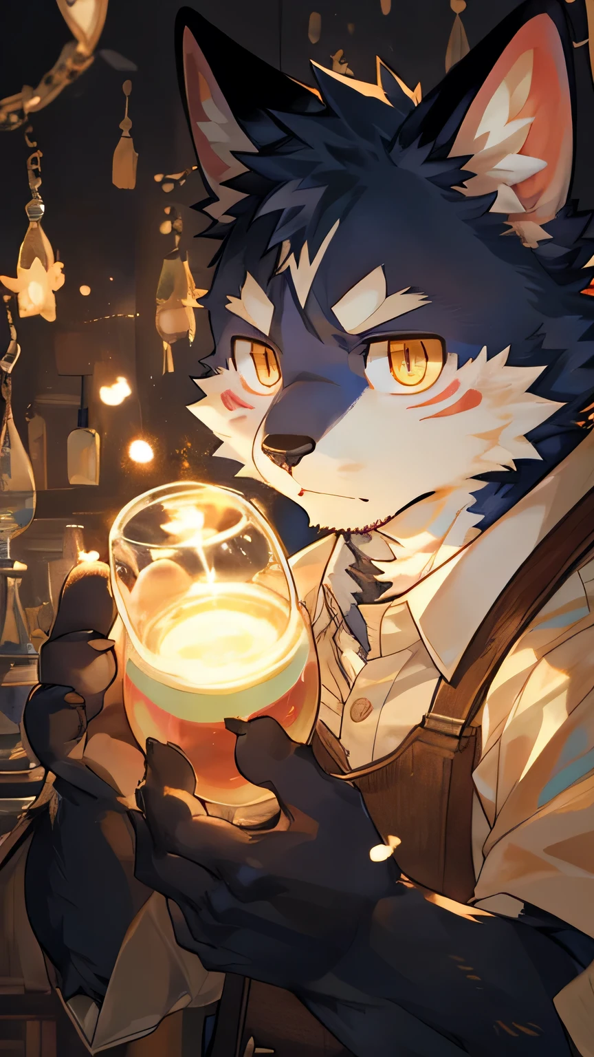 masterpiece，high quality，perfect anatomy，furry，anthro cat，black cat，male， niji5，brown pupils，bright eyes，detailed face，holding the magic potion，by kiyosan，close up face
