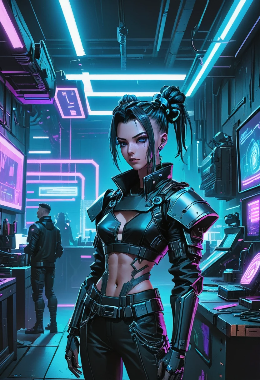 Cyberpunk workshop with blue neon lighting