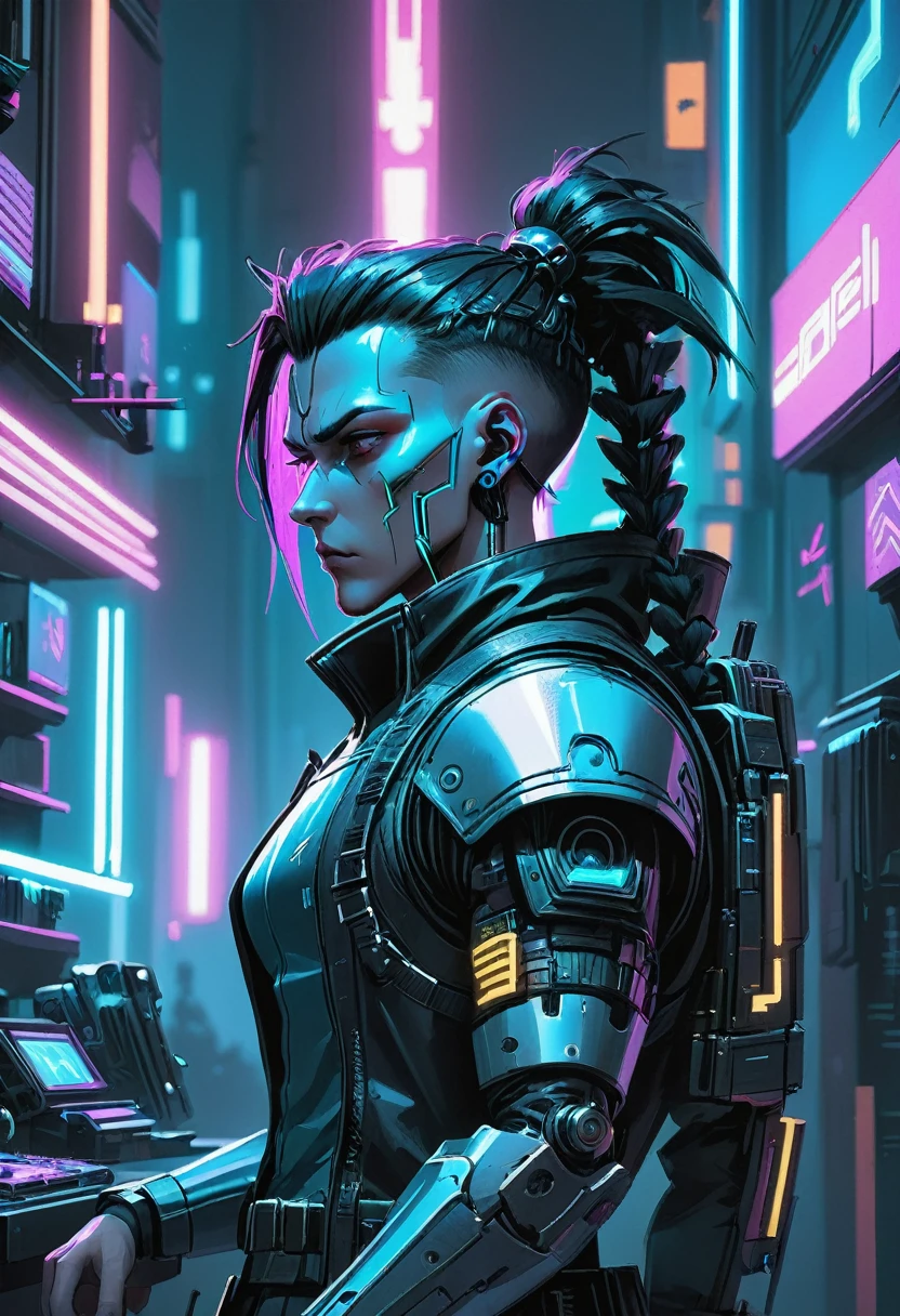 Cyberpunk workshop with blue neon lighting