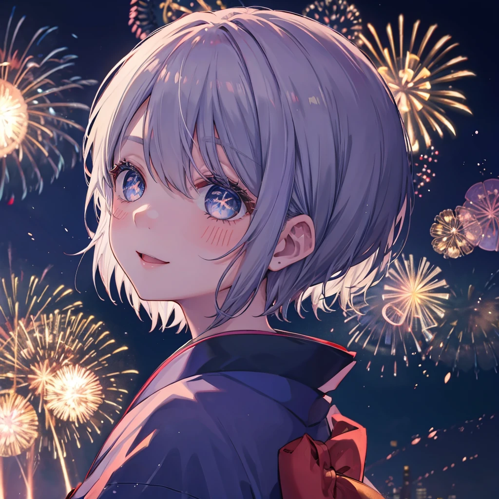 (((((kimono))))) ((((Summer festival Hot face kimono)))) (((Gray Hair short hair blue eyes woman))),((night Fireworks)),(smile),Open your mouth Shining Background Shining Edges