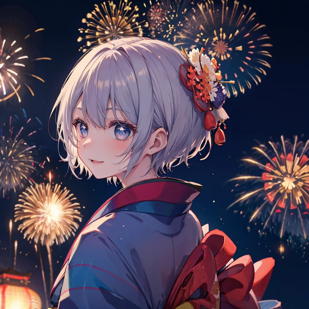 (((((kimono))))) ((((Summer festival　Hot face　kimono))))　(((Gray Hair　short hair　blue eyes　woman)))，((night　Fireworks))，(smile)，Open your mouth　Shining Background　Shining Edges