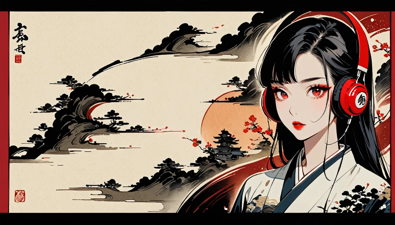 Kabuki Makeup, Red Eyes, Ink Painting, 1 girl, tattoo, Japanese style headphones, beautiful girl, Black Hair, peace, Delicate and precise, Modern ukiyo-e style, Multicolored background