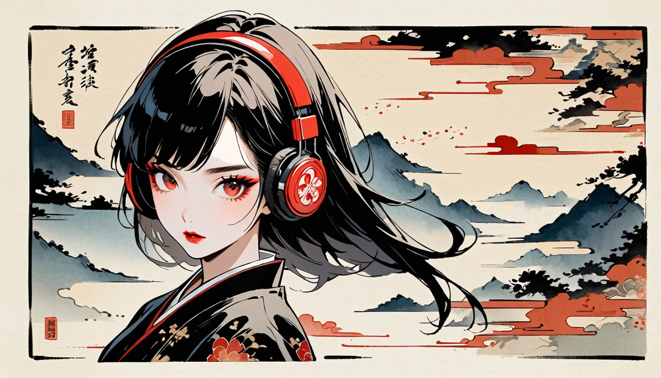 Kabuki Makeup, Red Eyes, Ink Painting, 1 girl, tattoo, Japanese style headphones, beautiful girl, Black Hair, peace, Delicate and precise, Modern ukiyo-e style, Multicolored background