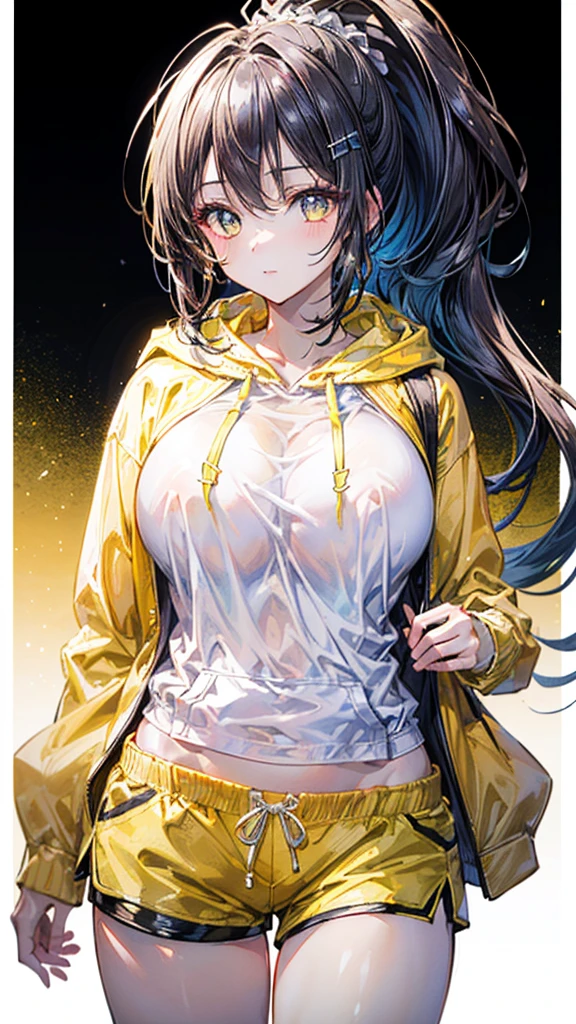 (Best quality, 8k, 32k, Masterpiece, UHD,:1.2),RAW, 1girl,ultra cute , natural lighting,transparent shining eyes, 20yo ,fair complexion, ((ponytail, yellow hoodie, short shorts)), large breast, White Background, Closeup shot,