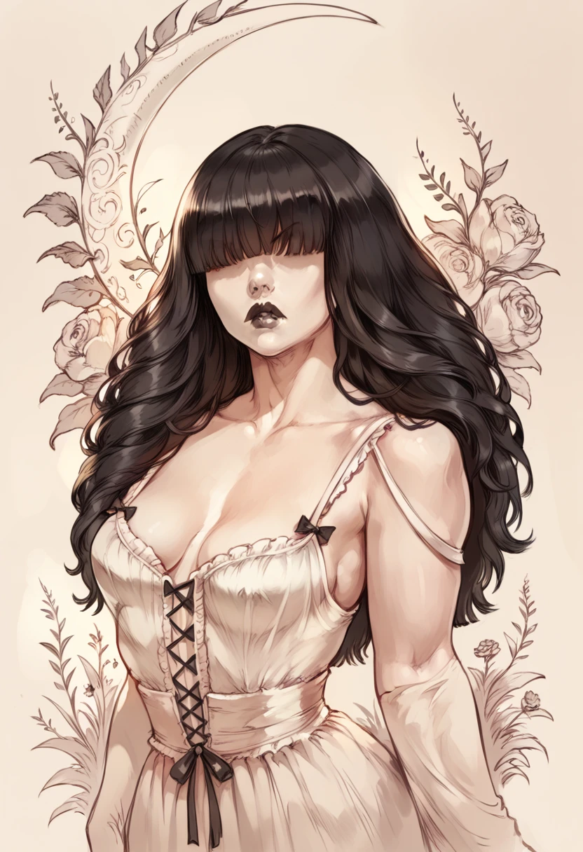 score_9, score_8_up, score_7_up, score_6_up, sp1t, monochrome, Hyper detailed hatching, pale, smooth skin, hair over both eyes, long straight black hair, blunt bangs, full lips, slender physique, lolita fashion, black lips, scowl, centered