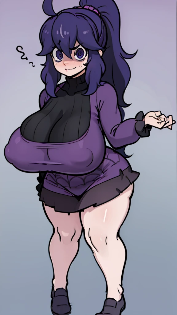 ((Hex maniac)), (thick), (shy), flustered, hiding face, blushing, (full body standing pose), (Sexy), ((shortstack)), (((Unrealistic gigantic breasts))), ((open top collar dress)), ((short skirt)), ((chubby)), (((ponytail)))