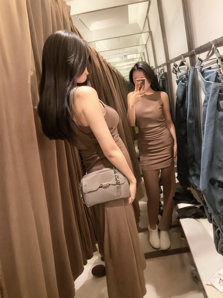 masterpiece, Japanese beautiful lady, narrow waist, casual wear, summur, fitting room, dark long hair,