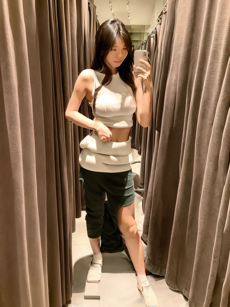 masterpiece, Japanese beautiful lady, narrow waist, casual wear, summur, fitting room, dark long hair,