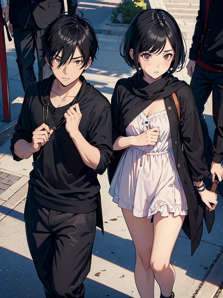 ((masutepiece)), ((Best Quality))), ((ultra-detailliert)), ((Illustration)), With boys and girls. The boy has short black hair, comma hair, Hair between the eyes. The girl has short hair in a black shawl、student clothes