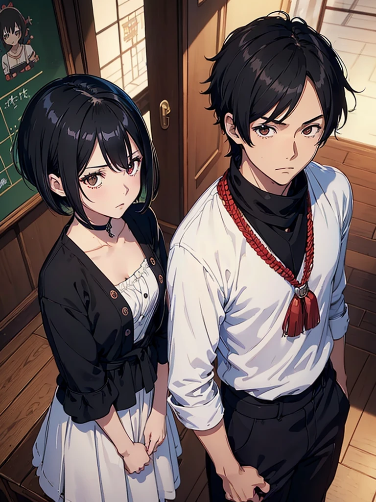 ((masutepiece)), ((Best Quality))), ((ultra-detailliert)), ((Illustration)), With boys and girls. The boy has short black hair, comma hair, Hair between the eyes. The girl has short hair in a black shawl、student clothes