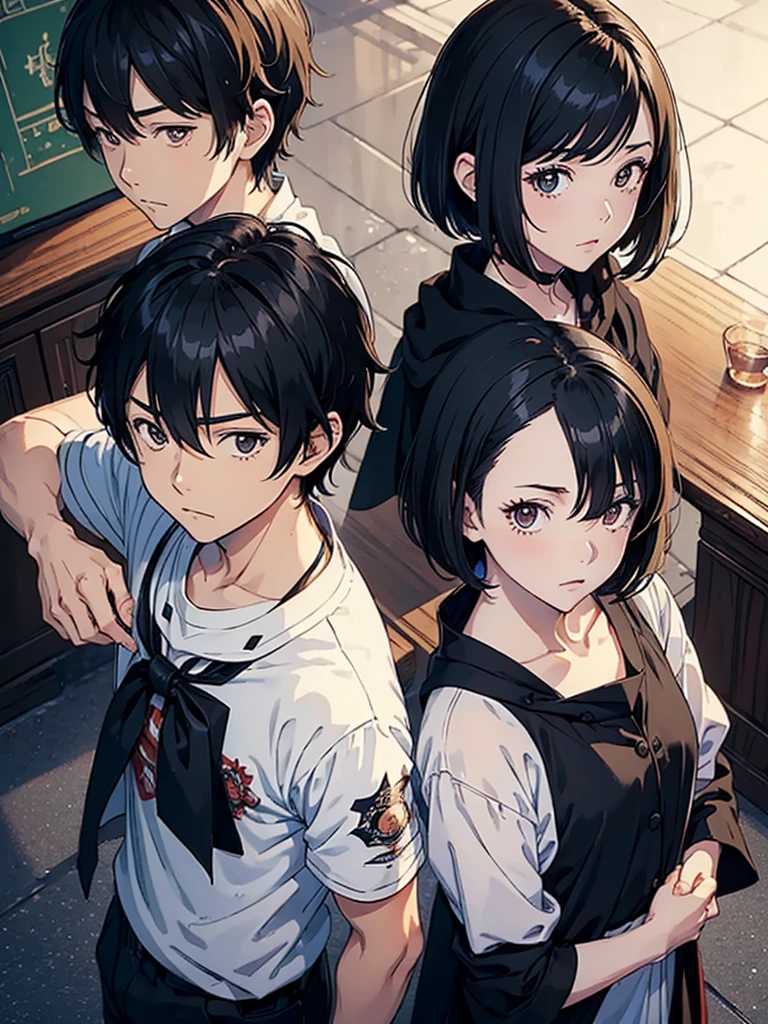 ((masutepiece)), ((Best Quality))), ((ultra-detailliert)), ((Illustration)), With boys and girls. The boy has short black hair, comma hair, Hair between the eyes. The girl has short hair in a black shawl、student clothes