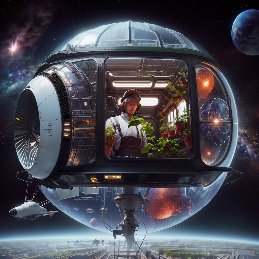 There is a farmer in the spaceship planting vegetable seedlings in the colorful pot of the greenhouse, 3 d render,Surrealism, Depicted as a science fiction scene, daily art, Space travelling, In spaceships, masterpiece, of Space travelling