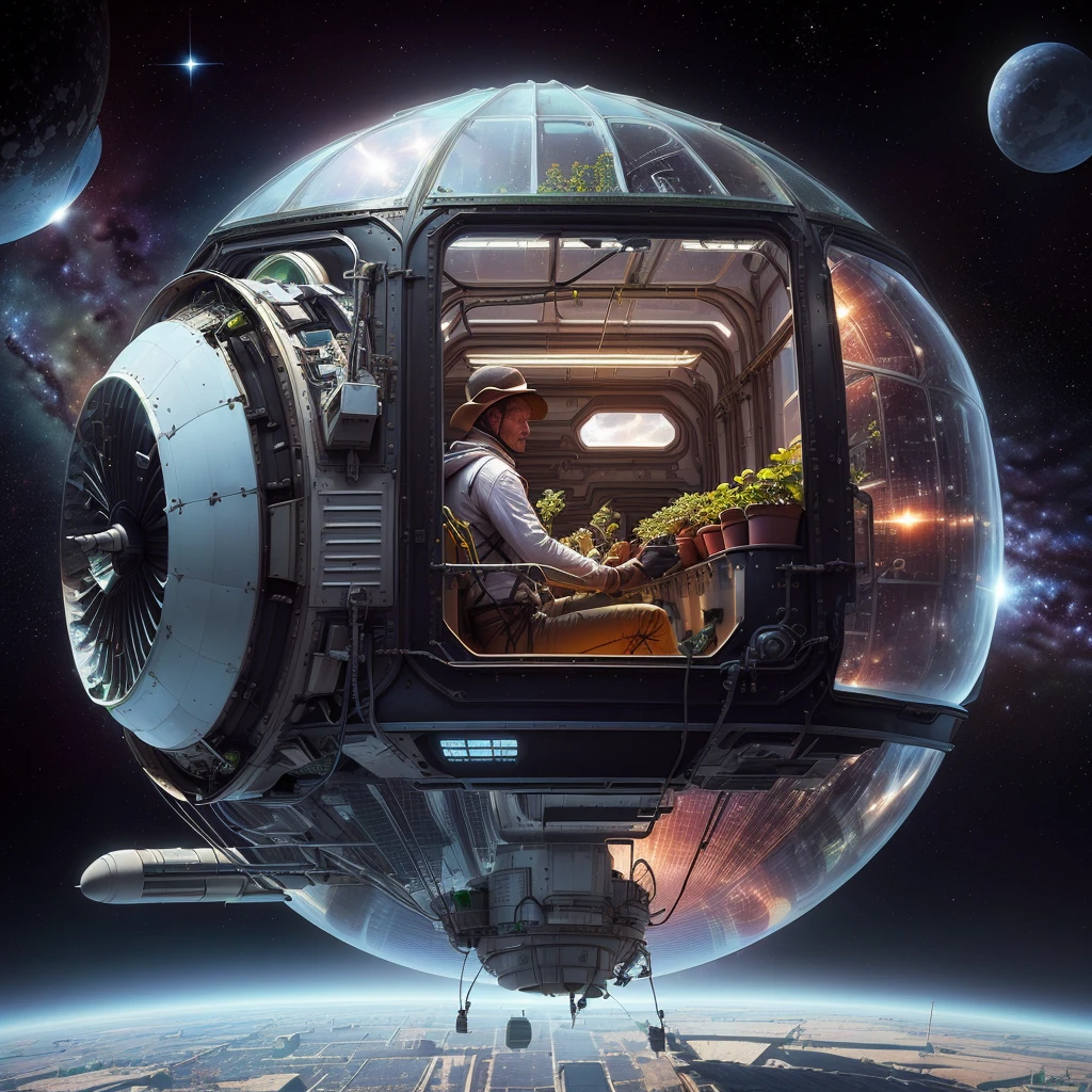 There is a farmer in the spaceship planting vegetable seedlings in the colorful pot of the greenhouse, 3 d render,Surrealism, Depicted as a science fiction scene, daily art, Space travelling, In spaceships, masterpiece, of Space travelling