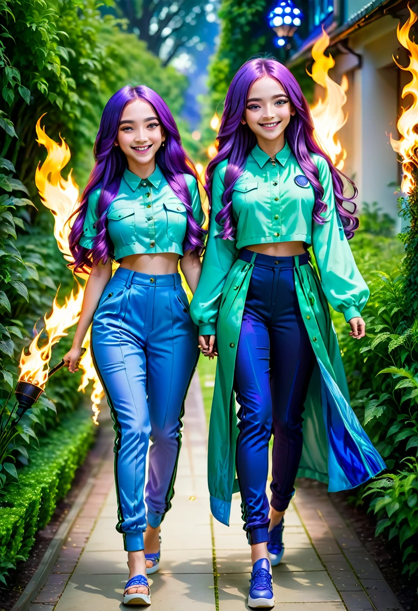 Two girls,long purple hairs,
Teenage, walking while smiling,
Beautiful greenery in background,
Lighting in eyes.
Fire like ora, blue lighting.
Mix colors clothes full body in thick clothes.
