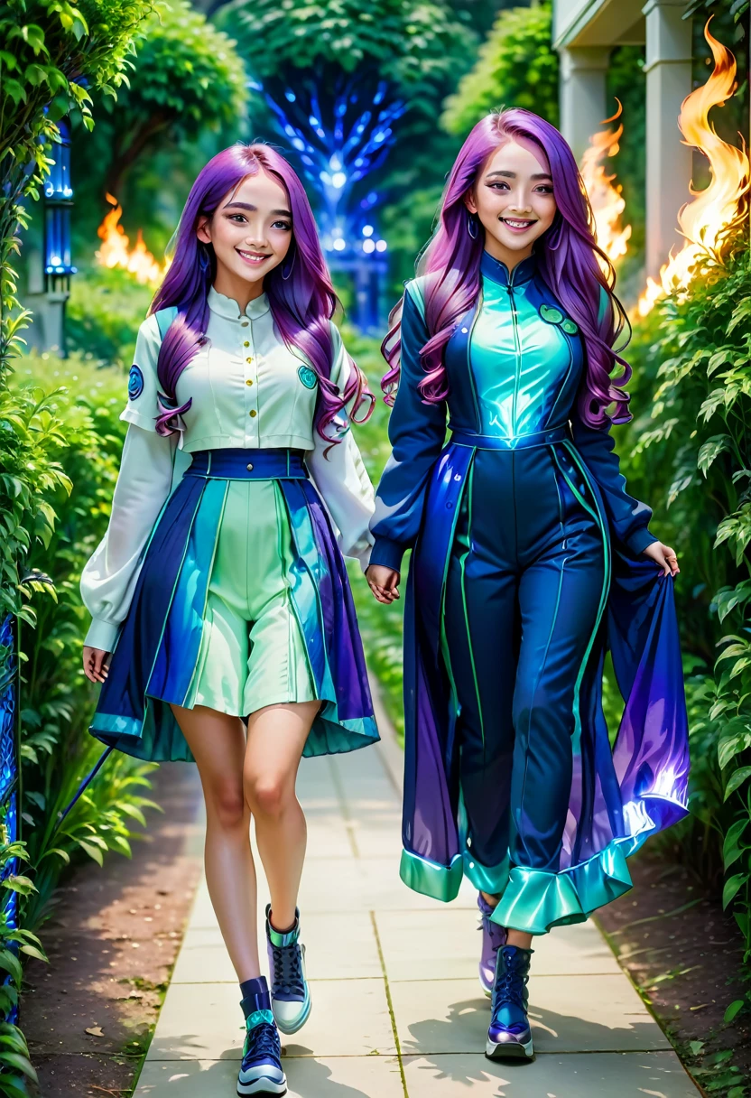 Two girls,long purple hairs,
Teenage, walking while smiling,
Beautiful greenery in background,
Lighting in eyes.
Fire like ora, blue lighting.
Mix colors clothes full body in thick clothes.
