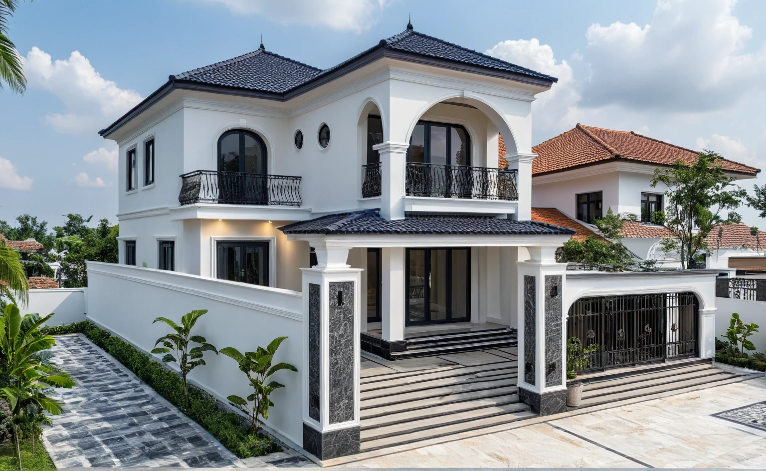 (masterpiece:1.2), best quality, photo of A two-story modern house in VietNam with white walls and dark tiles on the roof., tree and plant environment,daylight, streetcapes, natural light, vivid color, The exterior of an elegant single family home features large windows, a dark gray door frame.