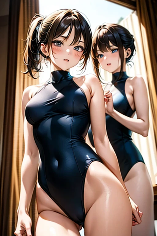 masterpiece, best quality, ultra-detailed, beautiful detailed eyes, jitome, (2girls:1.6)、((The woman on the right has short blonde hair、The woman on the left has black hair in a ponytail.)), (mid breast, Swimwear, from below), Slender figure、Bewitching atmosphere、blush, pout, open wavy mouth, close up eyes,, standing straight, cleavege,