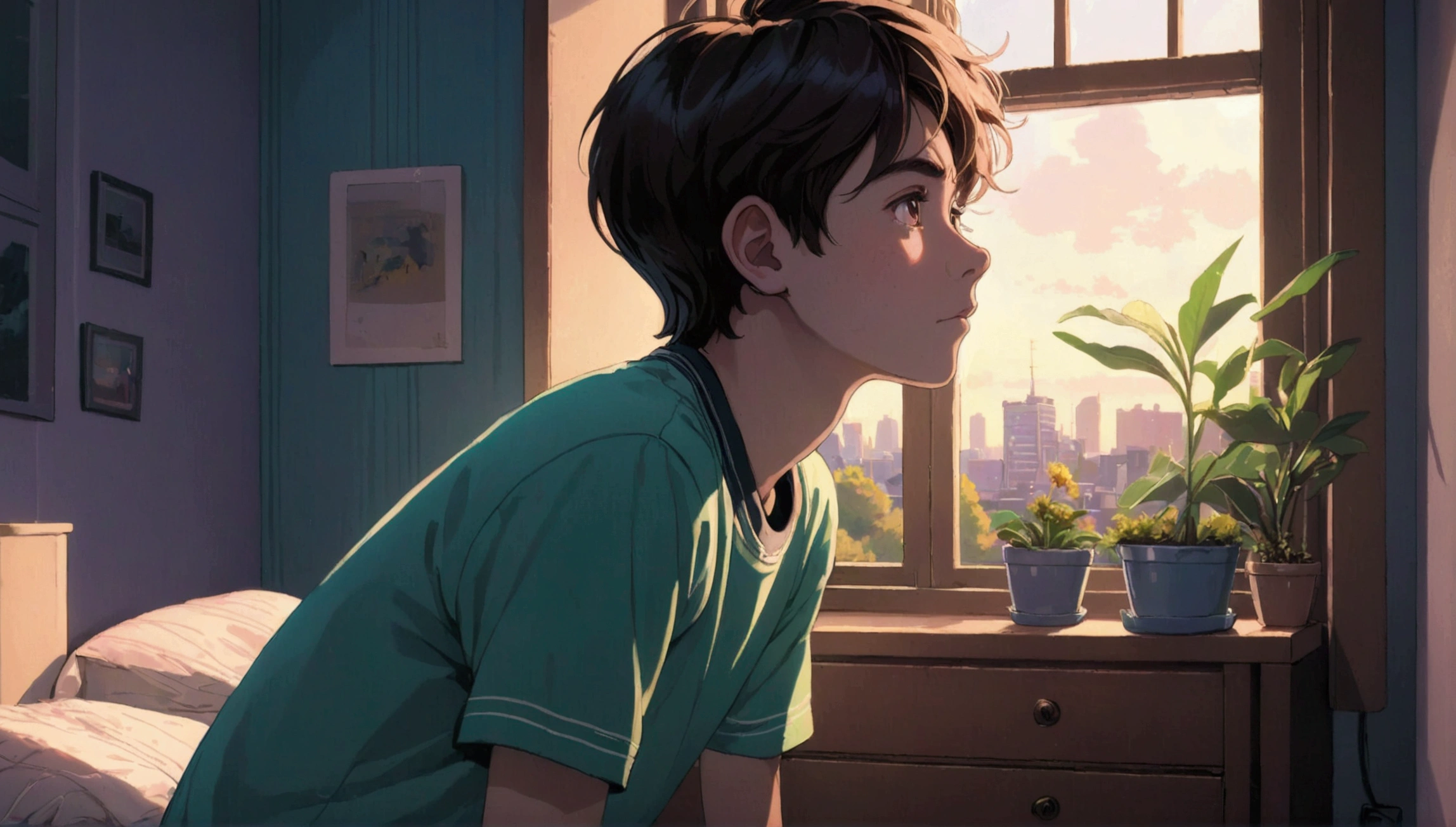 Create a highly detailed lofi style image of a boy looking out his bedroom window