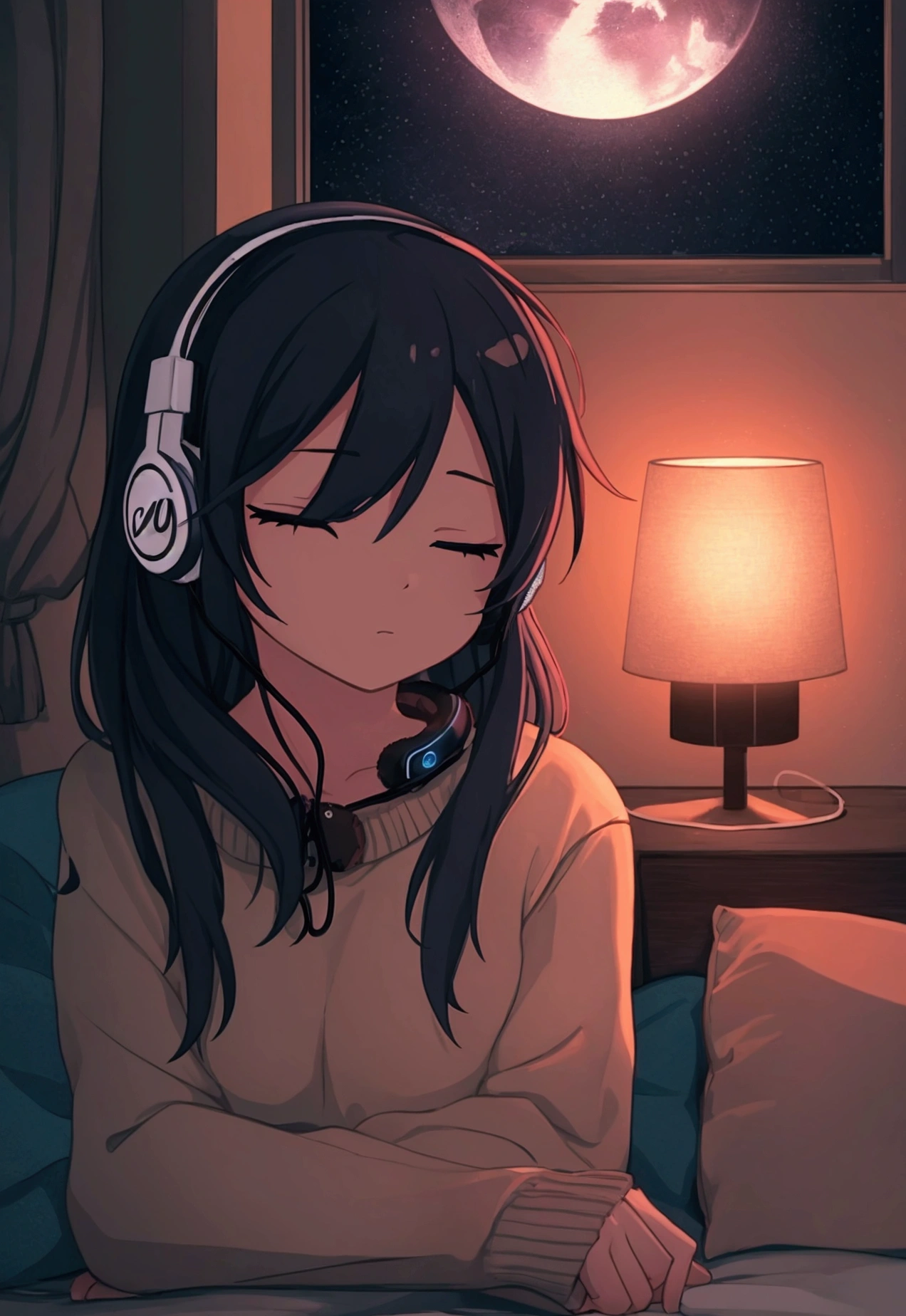 night、Girl listening to music in a cozy room, Using headphones, 2D-style animation, Lo-Fi, High resolution, Dark Environment