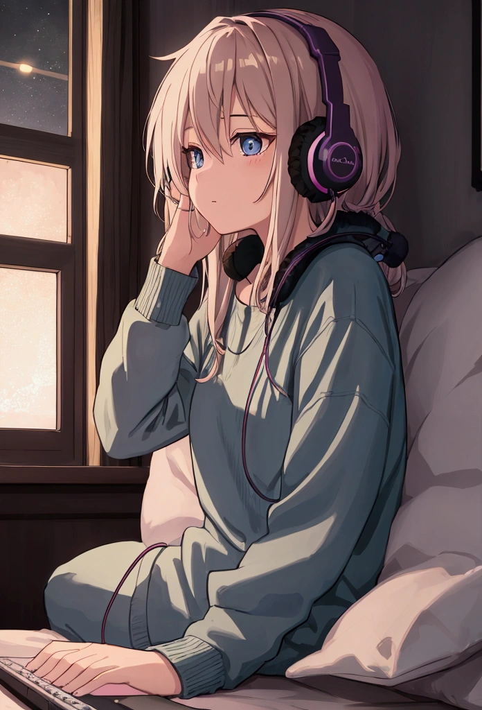 night、Girl listening to music in a cozy room, Using headphones, 2D-style animation, Lo-Fi, High resolution, Dark Environment