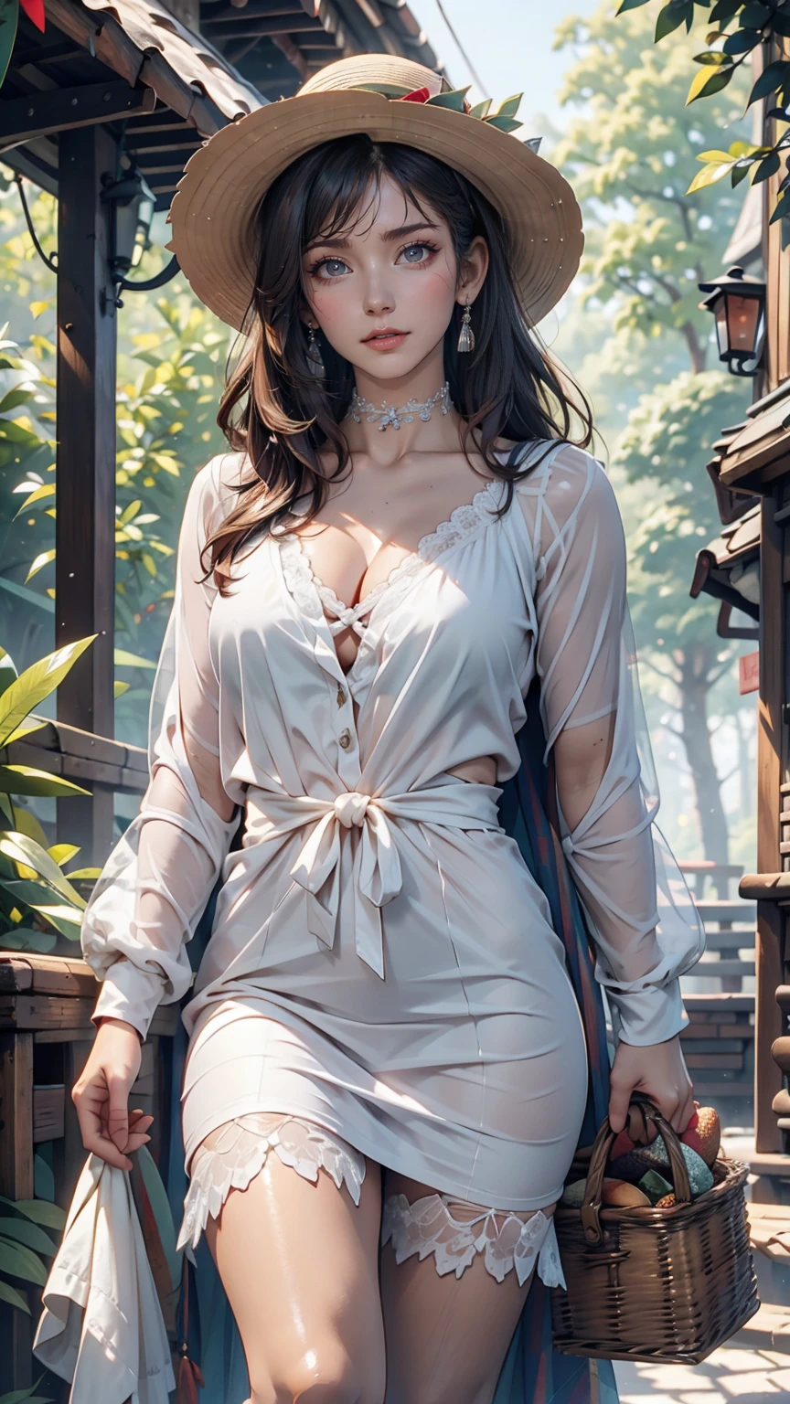 ((最high quality, 8k, masterpiece: 1.3, Ultra HD, high quality, 最high quality, High resolution, realism)) 、 24-year-old woman、Sexy proportions、Sexy、Narrow waist、mature female body、Summer dress with lace embellishment、Wear a lace cardigan、Heel、Holding a rattan basket(It contains sandwiches and water bottles.)、picnic、Ribbon-decorated choker、Wide-brimmed hat decorated with ribbon、A stroll along a beautiful forest path bathed in sunlight