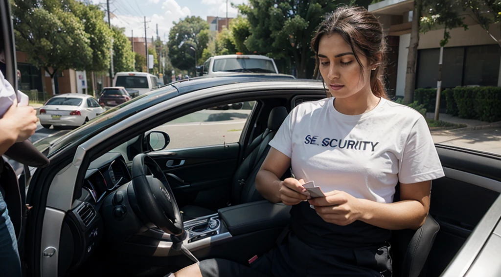 The security guard asks card of person in the car