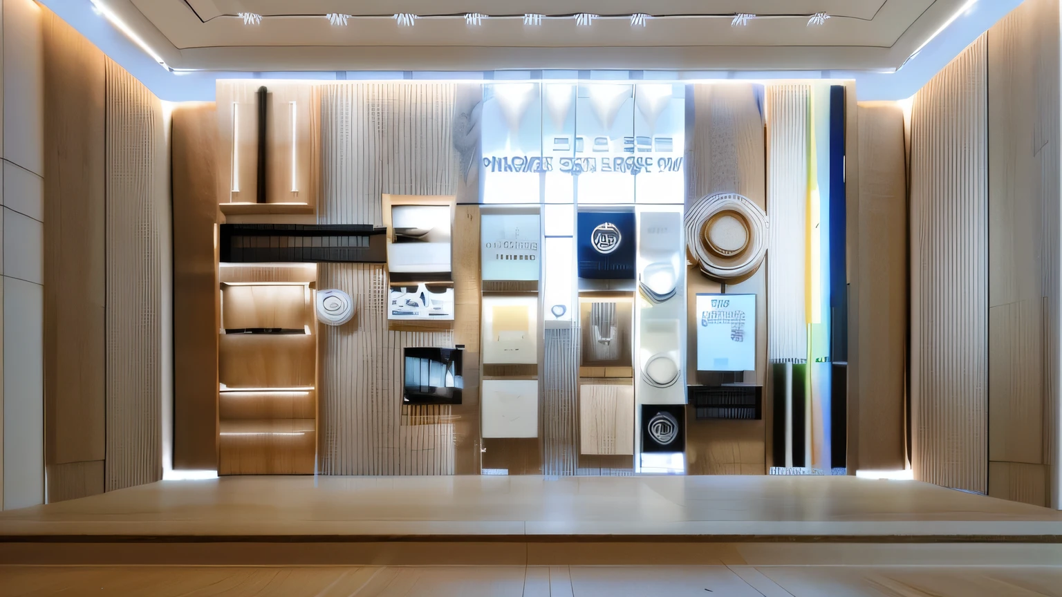 RAW photos,masterpiece, high quality, best quality, for real, Super Detail, Internal, indoors, (Light wood grain:1.3)，Bright colors, (Practical:1.2),exhibition，Showroom，Exhibition wall，Keep space key elements，Change the design to a new style