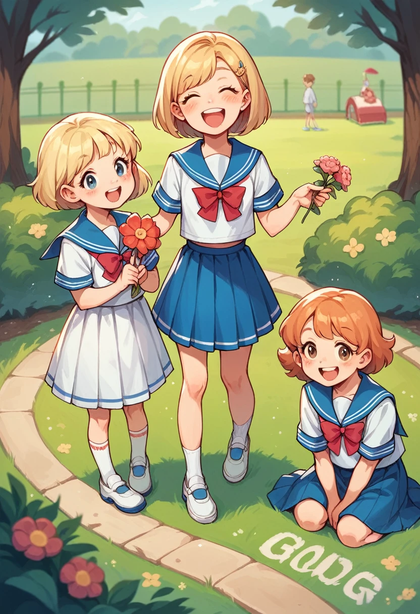 Candid. 2 years old children wearing white sailor Pre-School uniform, happy face, gossiping with his 3 friends, holding flower, wearing shoes. In kindergarten playground.