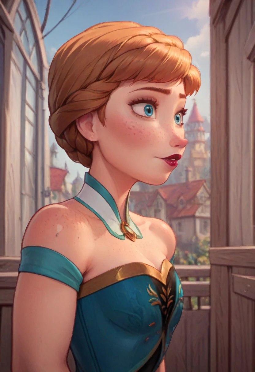 ((masterpiece, best quality)), Disney reference, (Anna), Anna grins, lipstick, freckles on face, upper body: bare shoulders, skinny 