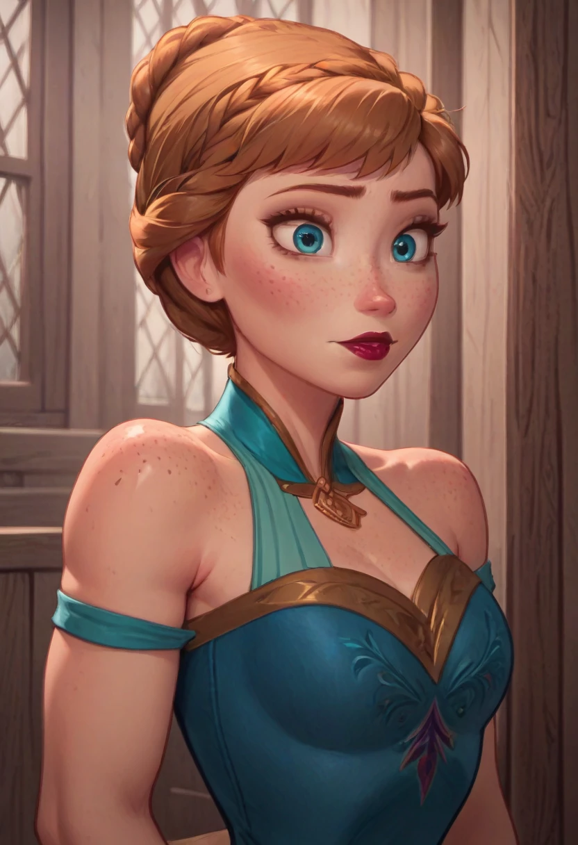 ((masterpiece, best quality)), Disney reference, (Anna), Anna grins, lipstick, freckles on face, upper body: bare shoulders, skinny 