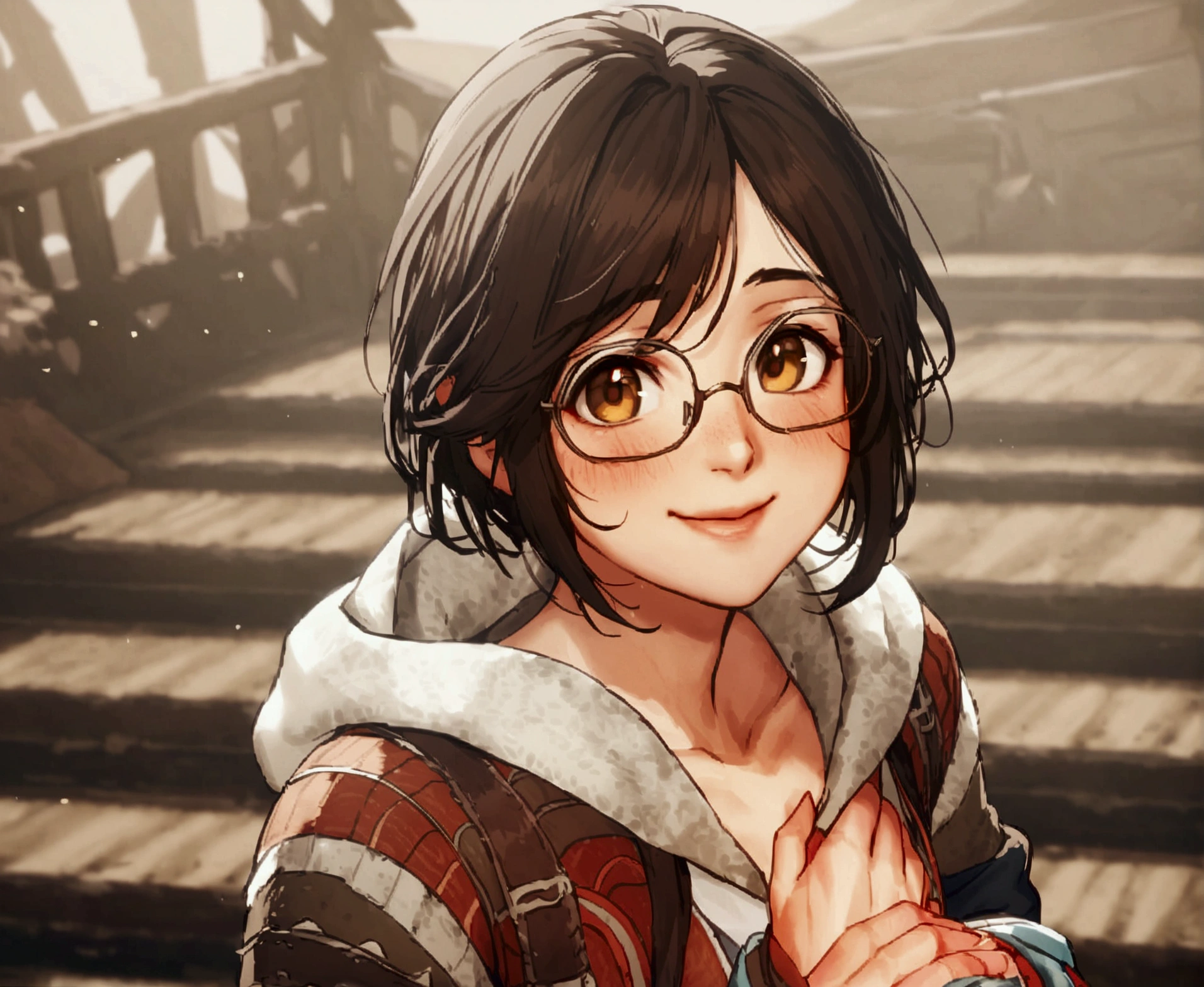 ((monsterhunter)), looking the viewer, solo, girl, shy, red cheek, bashful, embarrassed, smiling, happy, perfect face, beautiful eye, upper body