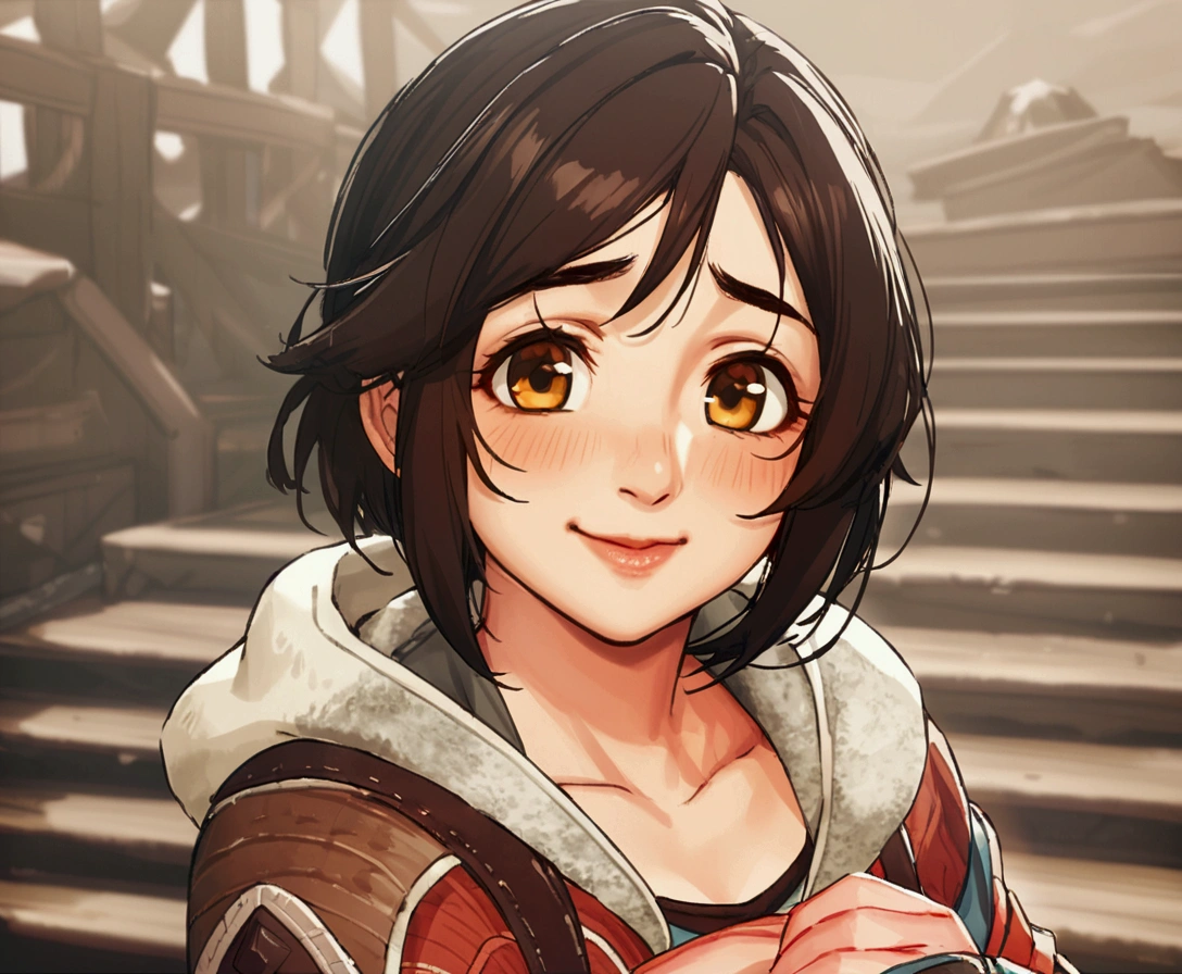 ((monsterhunter)), looking the viewer, solo, girl, shy, red cheek, bashful, embarrassed, smiling, happy, perfect face, beautiful eye, upper body