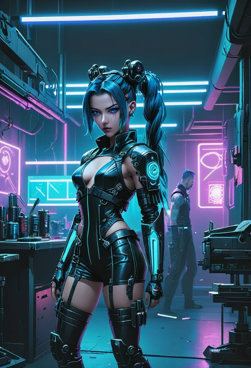 Cyberpunk workshop with blue neon lighting