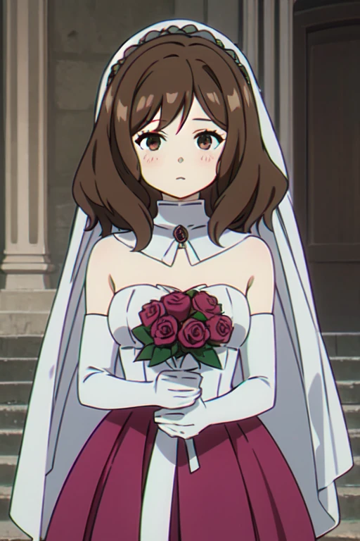 (((Best quality))),((Ultra-detailed)),((illustration)),((Disheveled hair)),((frilld)),(1 girl),(Solo),1girl,bare shoulders,blush,bouquet,bow,braid,bridal veil,bride dress,earrings,elbow gloves,flower gloves,hair flower,hair ornament,holding bouquet,indoors,jewelry,open mouth,pink rose,red flower,red rose,rose,short hair,skirt hold,smile,solo,stained glass,stairs,strapless,strapless dress,veil,wedding dress,white dress,white flower,white gloves,white rose,yellow rose,brown eyes,brown hair,