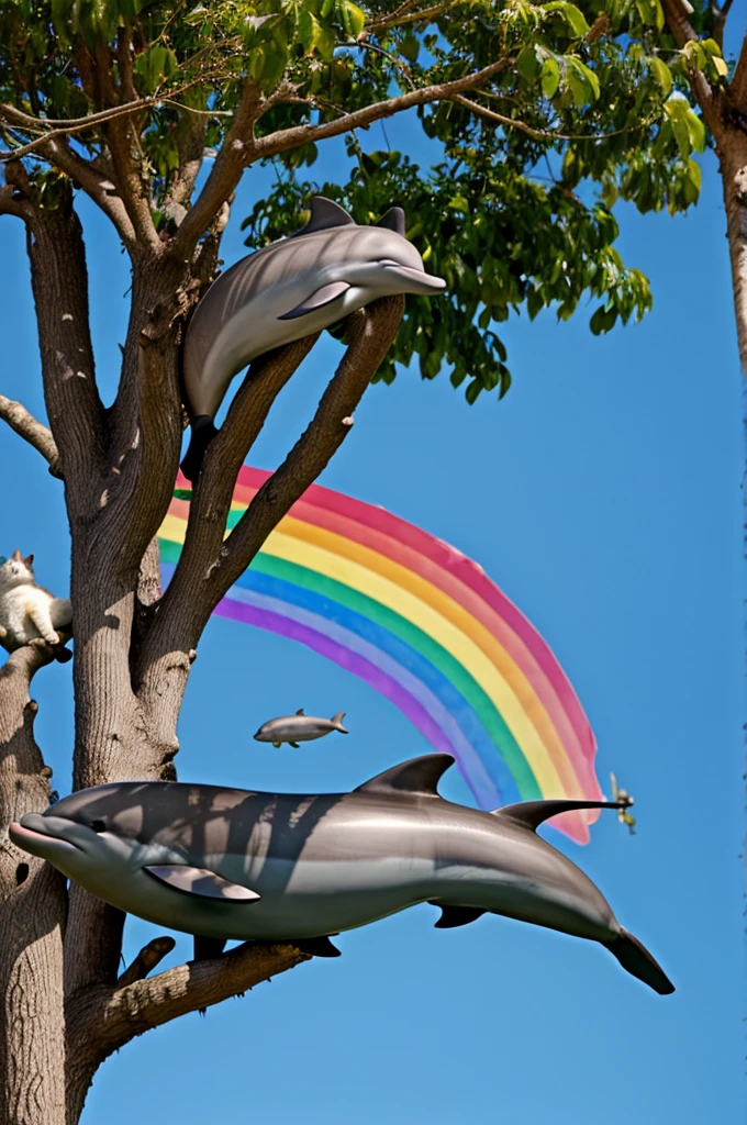 Cat in a tree and a dolphin in a rainbow
