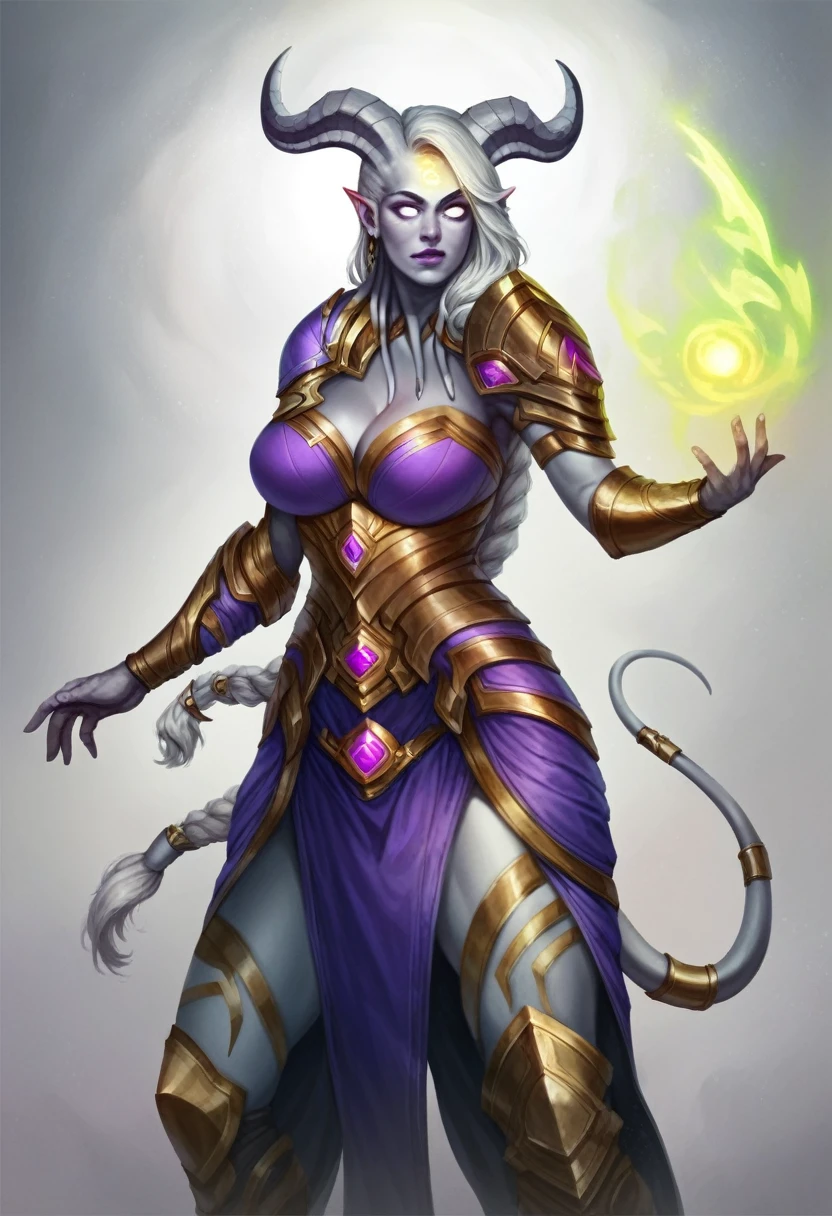 score_8_up, score_7_up, fullbody shot of beautiful lightforged draenei paladin girl, long white hair, single braid, heavy armor with purple gems, big shoulder pads, grey skin, ornate horns, glowing rune on forehead, big breasts, fantasy, ，irmnk style, realistic