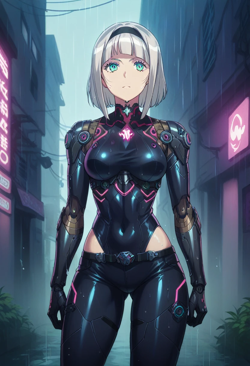 Anna nishikinomiya with the same body as a woman but only with armor that covers her entire body, has a (black robotic armor) turned into a Cyborg, of the shoulders and torso, and robotic legs without garments or clothing only Cyborg armor, in a raining alley of a cyberpunk city 