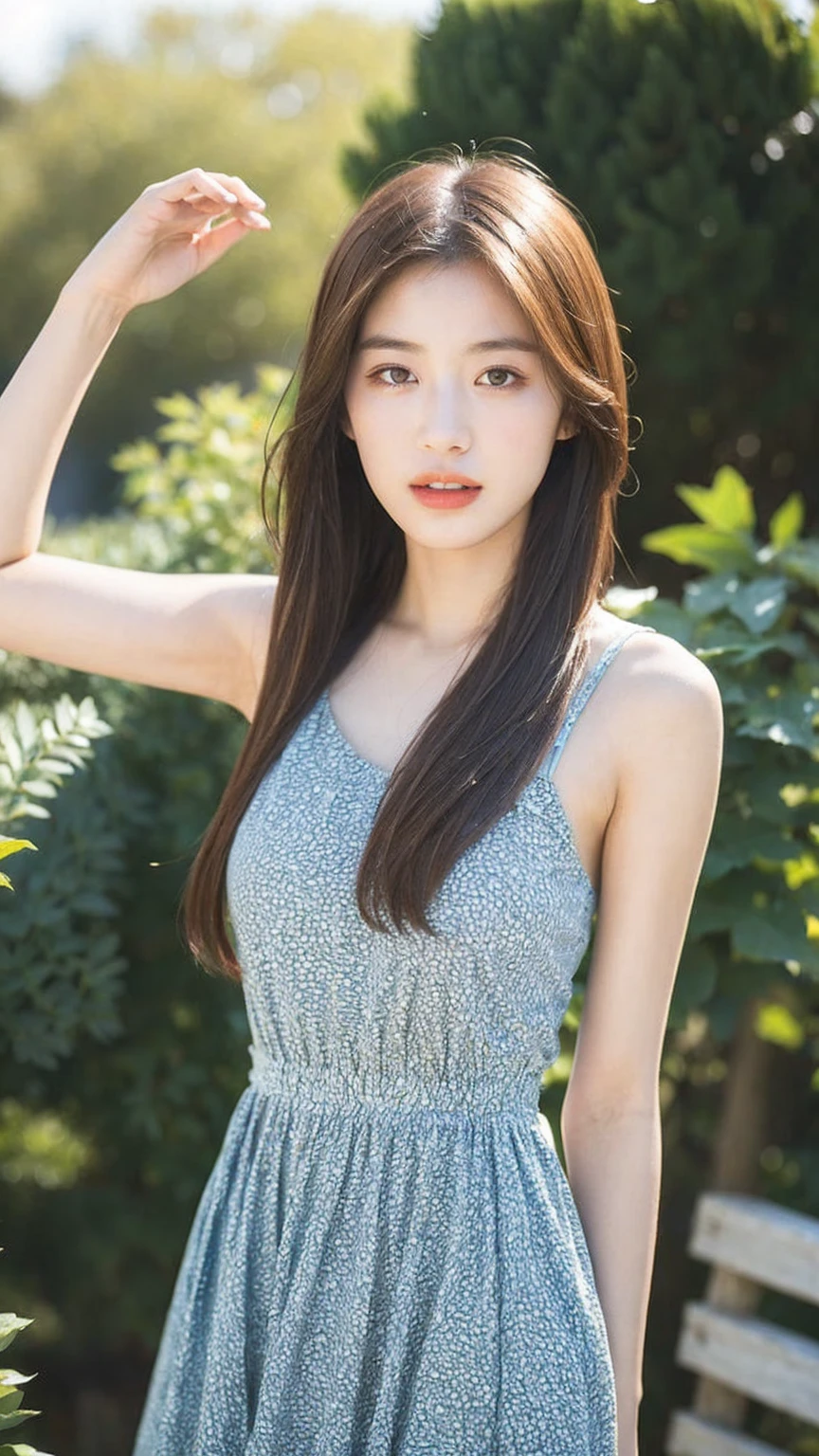((Best quality, 8k, masterpiece:1.3)),1girl,18 years old,Asian,Real texture:1.3,(Background blur:1.3),Dress Up,Tall and slender figure:1.2,(Hot summer weather),(garden:1.3),Highly detailed face and skin textures,Exquisite eyes,Long eyelashes,Double eyelids,Skin Whitening,happy,Breast