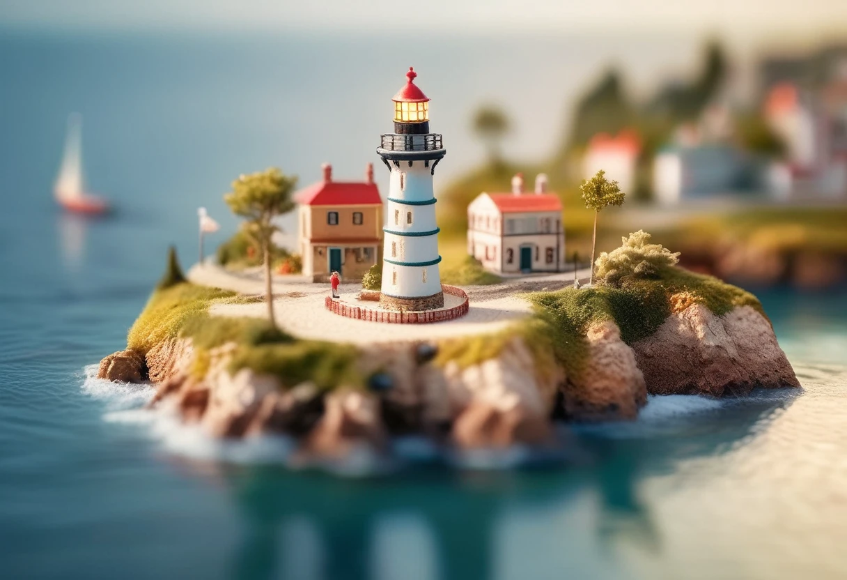 a miniature model of a lighthouse on a small island, a tilt shift photo, by Alexey Merinov, cg society contest winner, photorealism, sunlight and whimsical houses, beautiful art uhd 4 k, mediterranean fisher village, thomas kincade