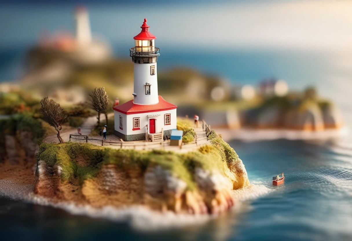 a miniature model of a lighthouse on a small island, a tilt shift photo, by Alexey Merinov, cg society contest winner, photorealism, sunlight and whimsical houses, beautiful art uhd 4 k, mediterranean fisher village, thomas kincade